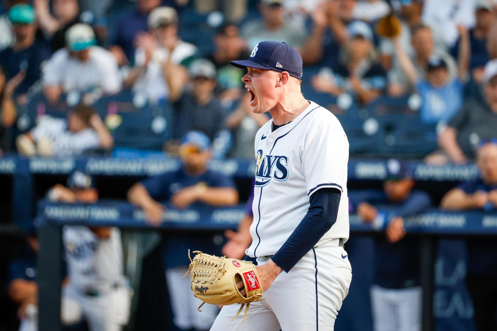 Tampa Bay Rays closer Pete Fairbanks reacts after he strikes out the Colorado Rockies’ Brenton Doyle, not pictured, during the ninth inning of a March 2025 game. (Jefferee Woo/Tampa Bay Times/TNS)
