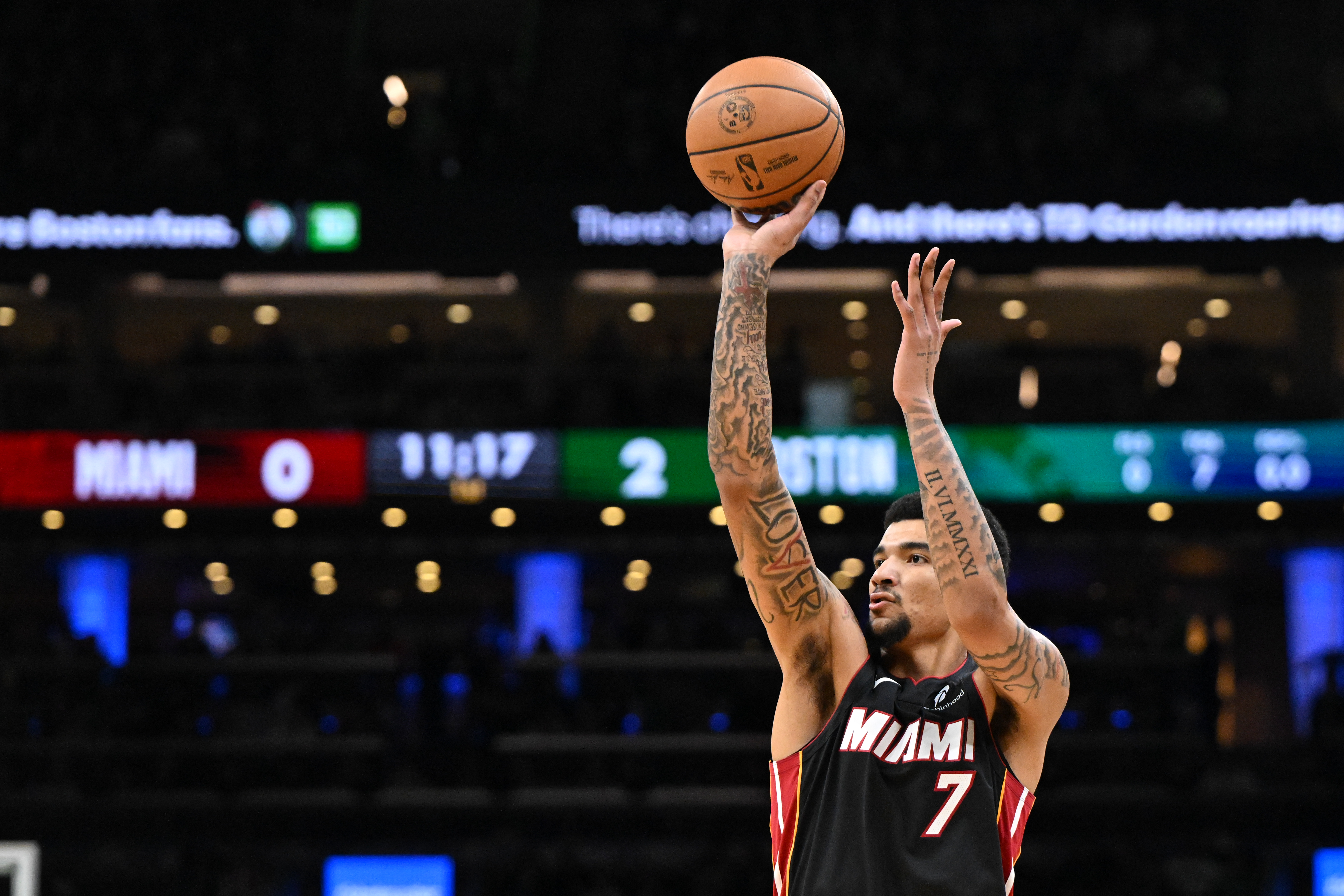 Heat center Kel'el Ware attempts a shot against the Boston Celtics during the first half at TD Garden on December 19, 2025 in Boston, Massachusetts. (Brian Fluharty/Getty Images)