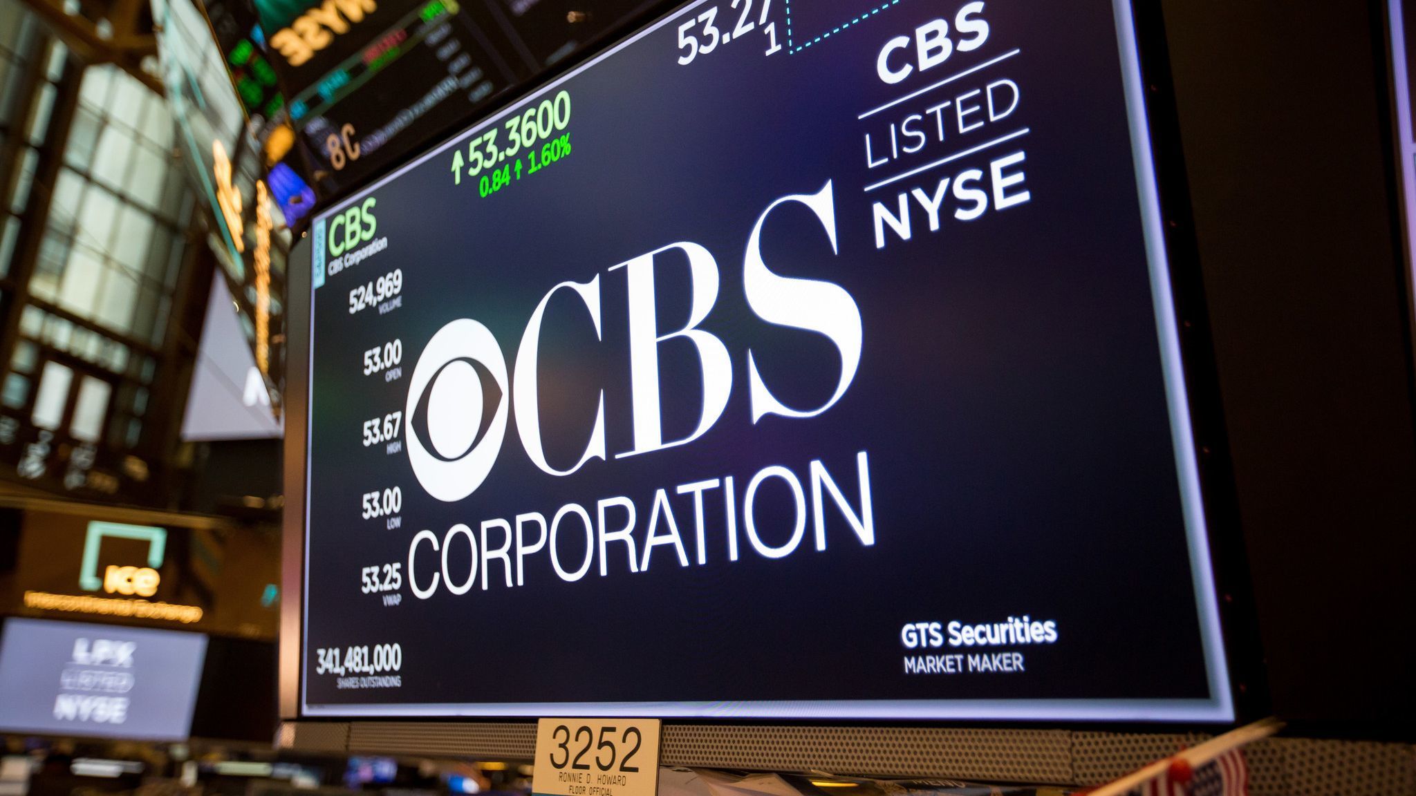 A monitor displays the CBS Corp. logo on the floor of the New York Stock Exchange in New York.