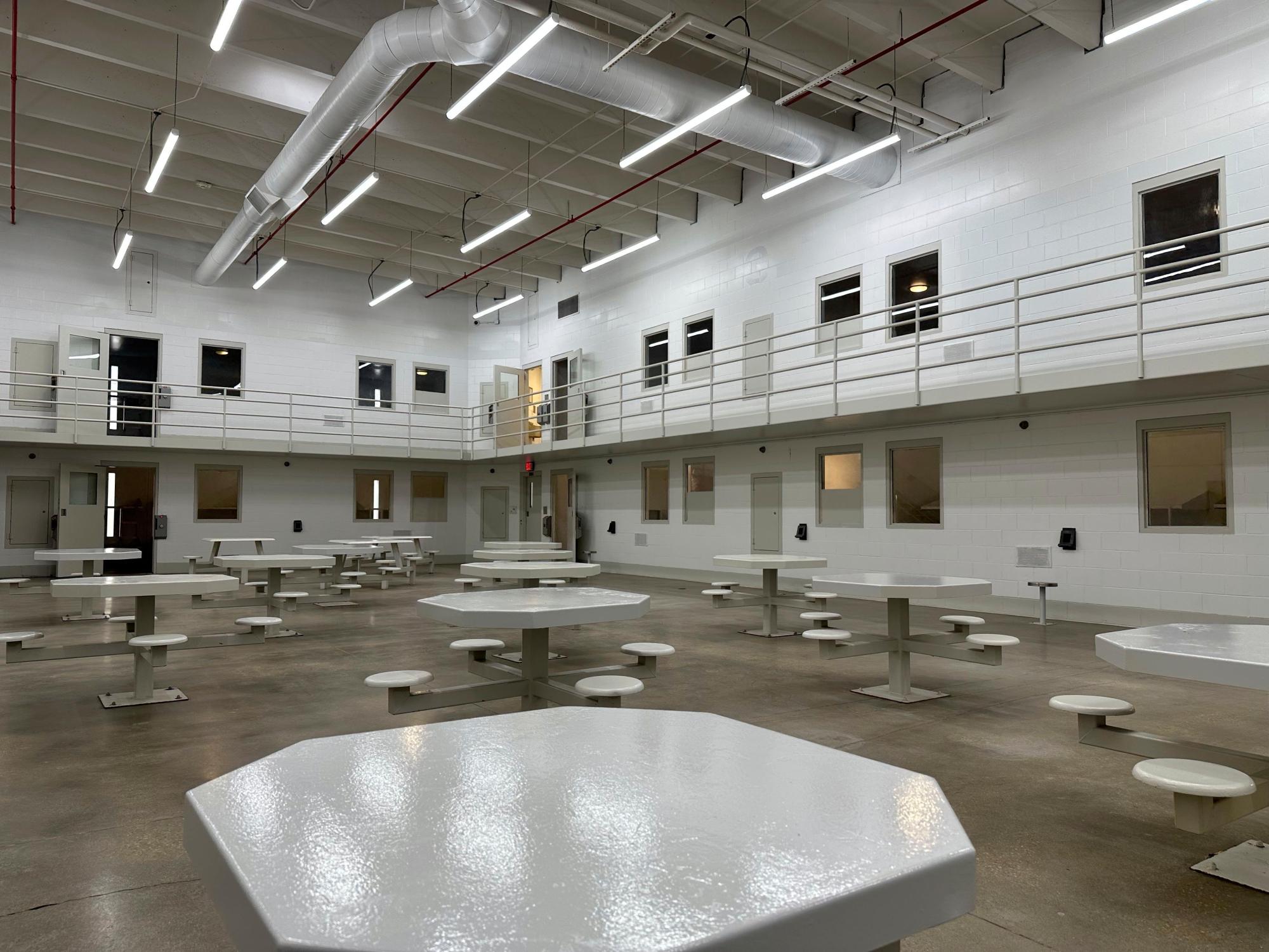 An interior scene from the private prison company CoreCivic's immigration detention facility in Leavenworth, Kansas, on Wednesday, June 4, 2025. (AP Photo/Nick Ingram)