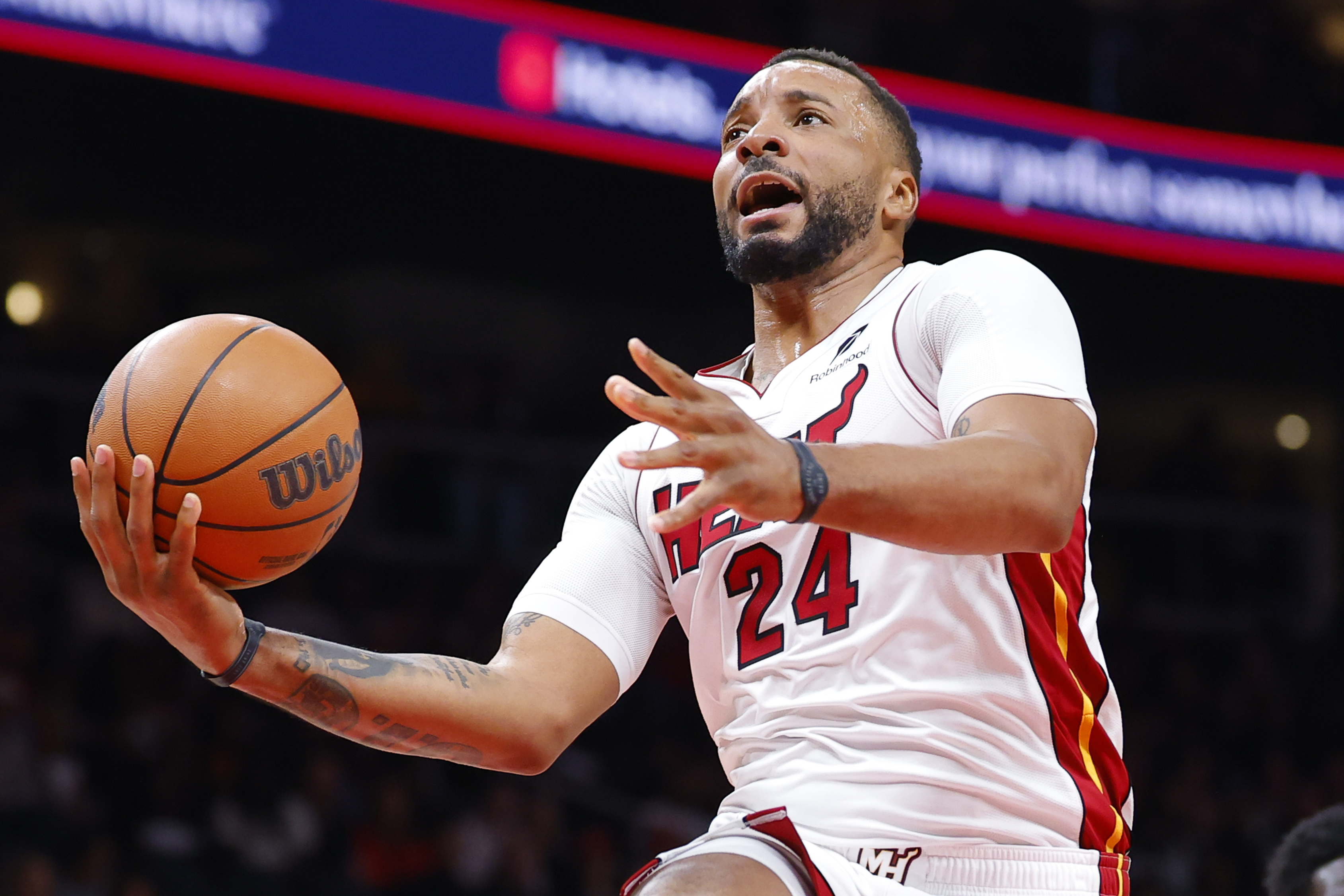 Heat guard Norman Powell goes up for a shot during the first quarter against the Atlanta Hawks at State Farm Arena on Dec. 26, 2025 in Atlanta. (Todd Kirkland/Getty Images)