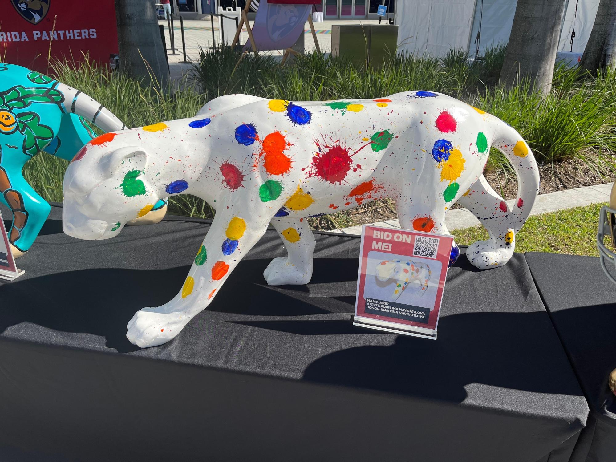 A Florida Panthers statue painted by tennis star Martina Navratilova is displayed for auction in Miami on Friday in an effort to raise money to fight cancer. (Tim Reynolds/AP)