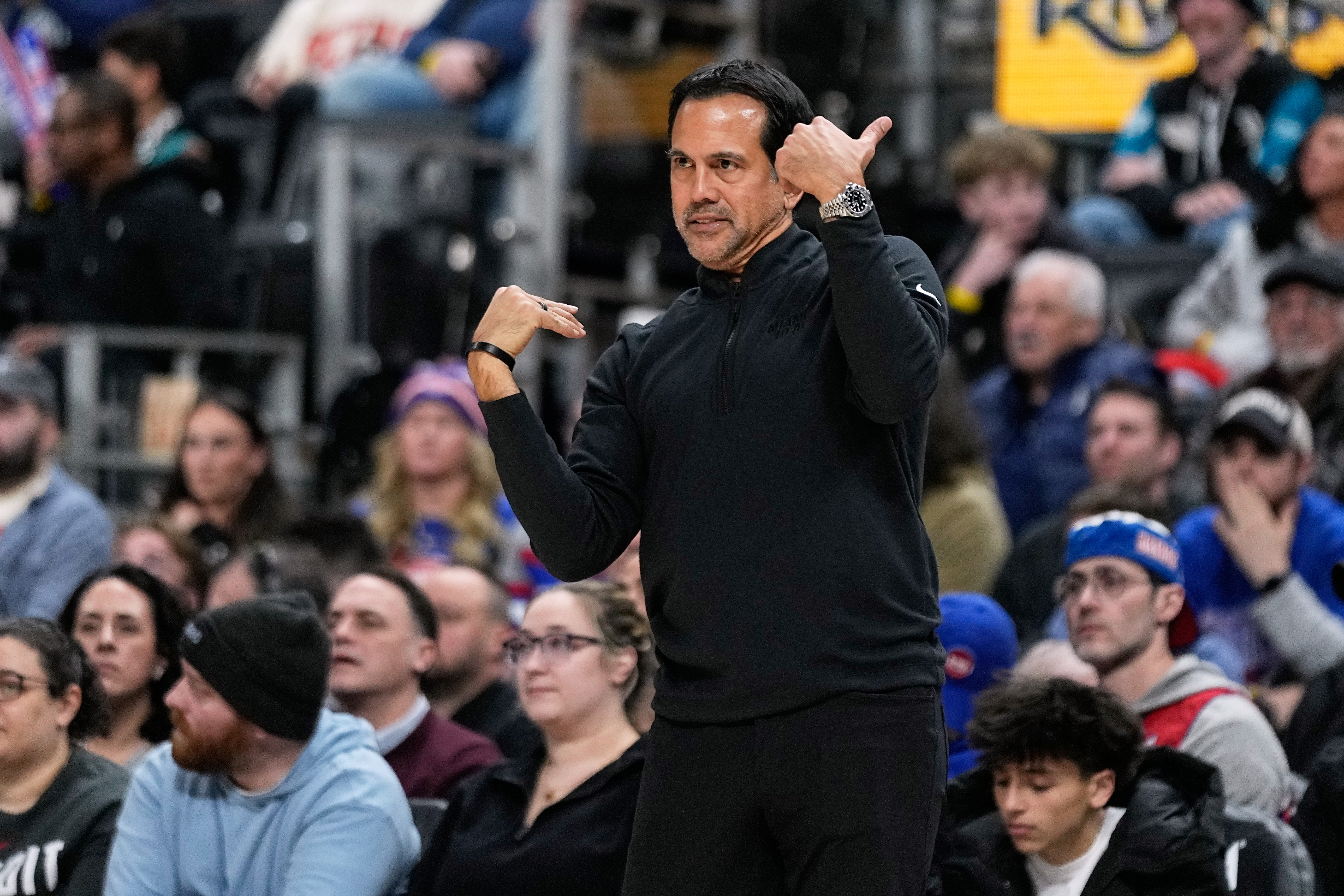 Heat coach Erik Spoelstra reacts during the second half of an NBA basketball game against the Detroit Pistons Thursday, Jan. 1, 2026, in Detroit. (AP Photo/Ryan Sun)