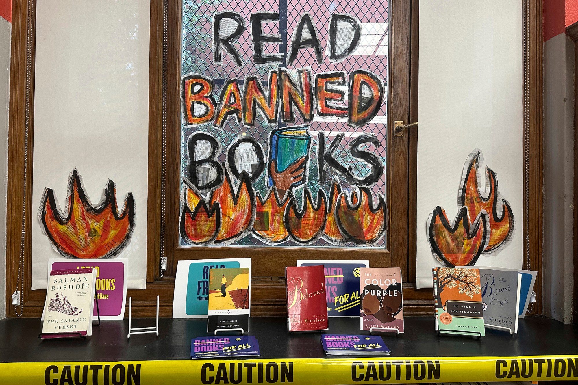 A Banned Books Week display is at the Mott Haven branch of the New York Public Library in the Bronx borough of New York City on Saturday, Oct. 7, 2023. (AP Photo/Ted Shaffrey)
