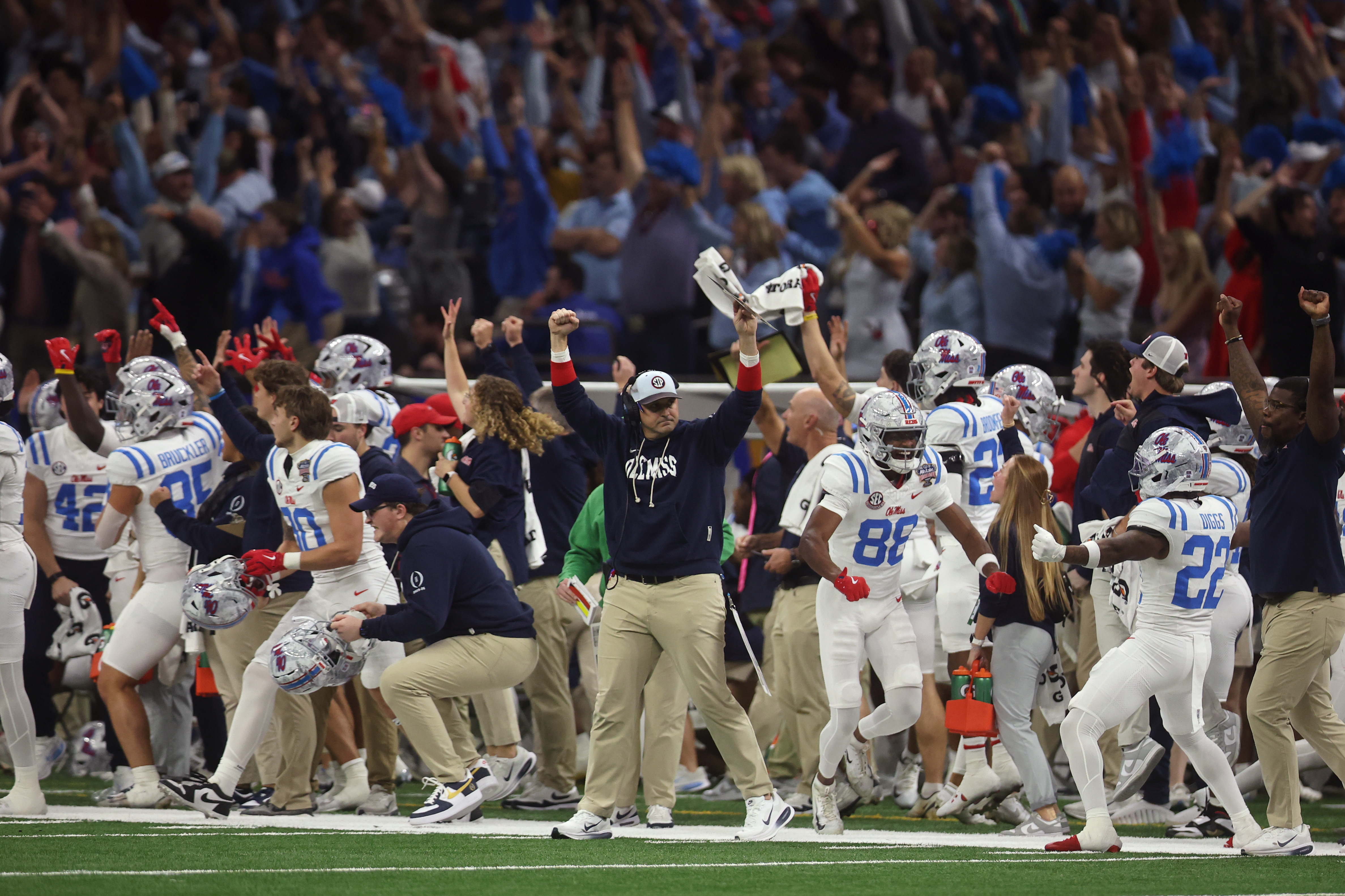 The Ole Miss Rebels players react during the fourth quarter against the Georgia Bulldogs during the 2025 College Football Playoff Quarterfinal at the Allstate Sugar Bowl at Caesars Superdome on January 01, 2026 in New Orleans, Louisiana. (Photo by Chris Graythen/Getty Images)