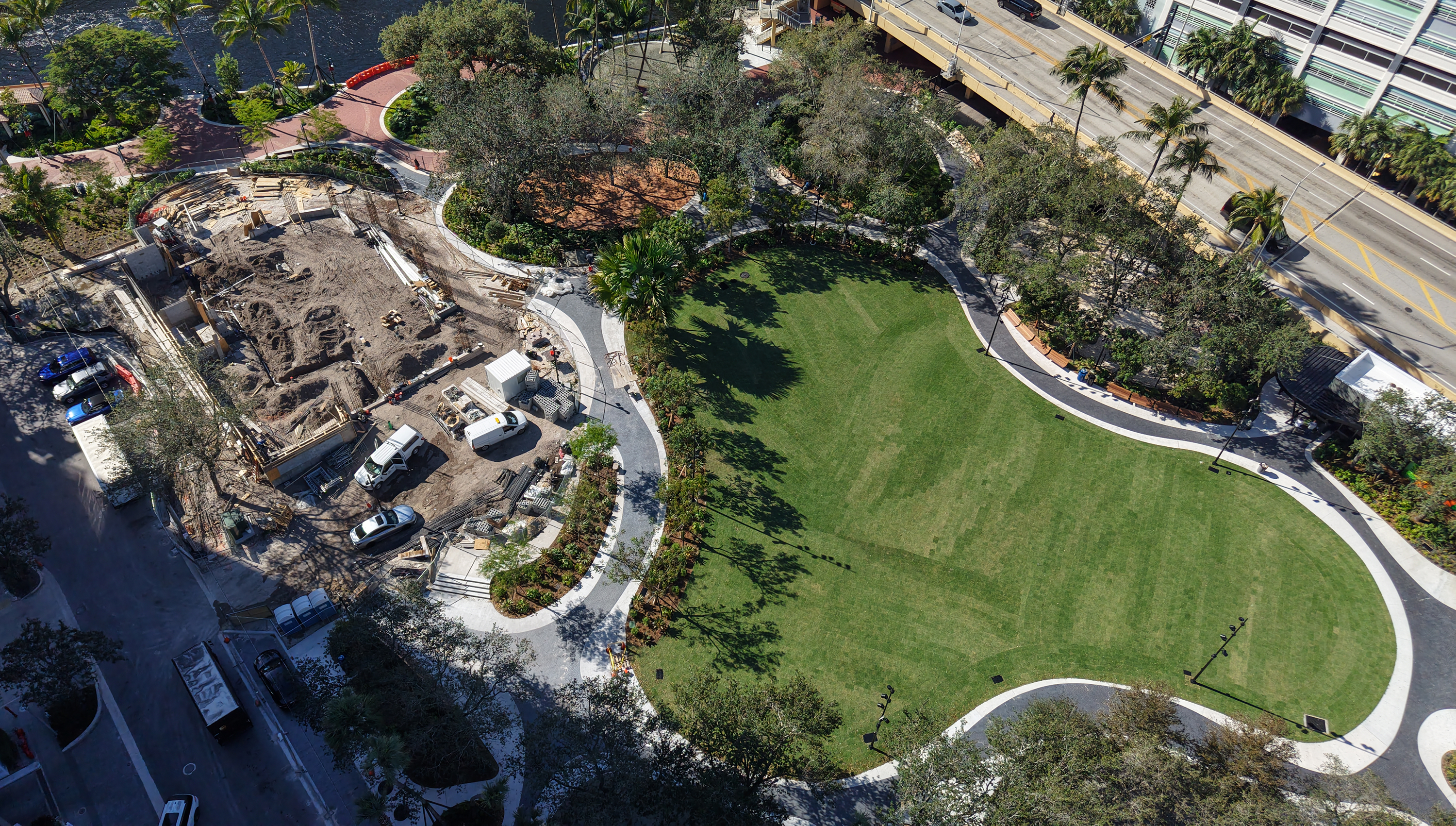 An aerial view of Huizenga Park in downtown Fort Lauderdale on Tuesday. The park, redesigned to the tune of $15 million, will reopen on Jan. 24. A two-story restaurant still under construction is expected to open in late 2026. (Joe Cavaretta/South Florida Sun Sentinel)