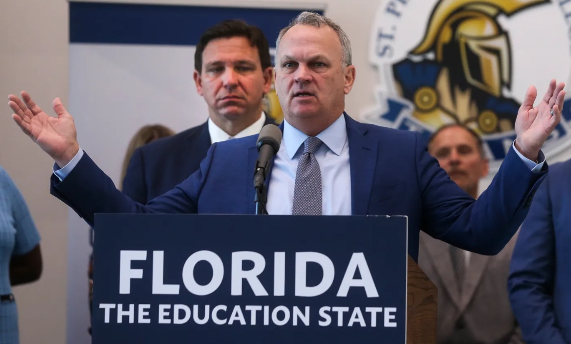 Ever since Gov. Ron DeSantis (left) appointed former House Speaker Richard Corcoran president of New College, spending has risen while the school’s academic credentials have dropped. Corcoran makes more than $1 million a year to run a school with 900 students. (Tampa Bay Times)

