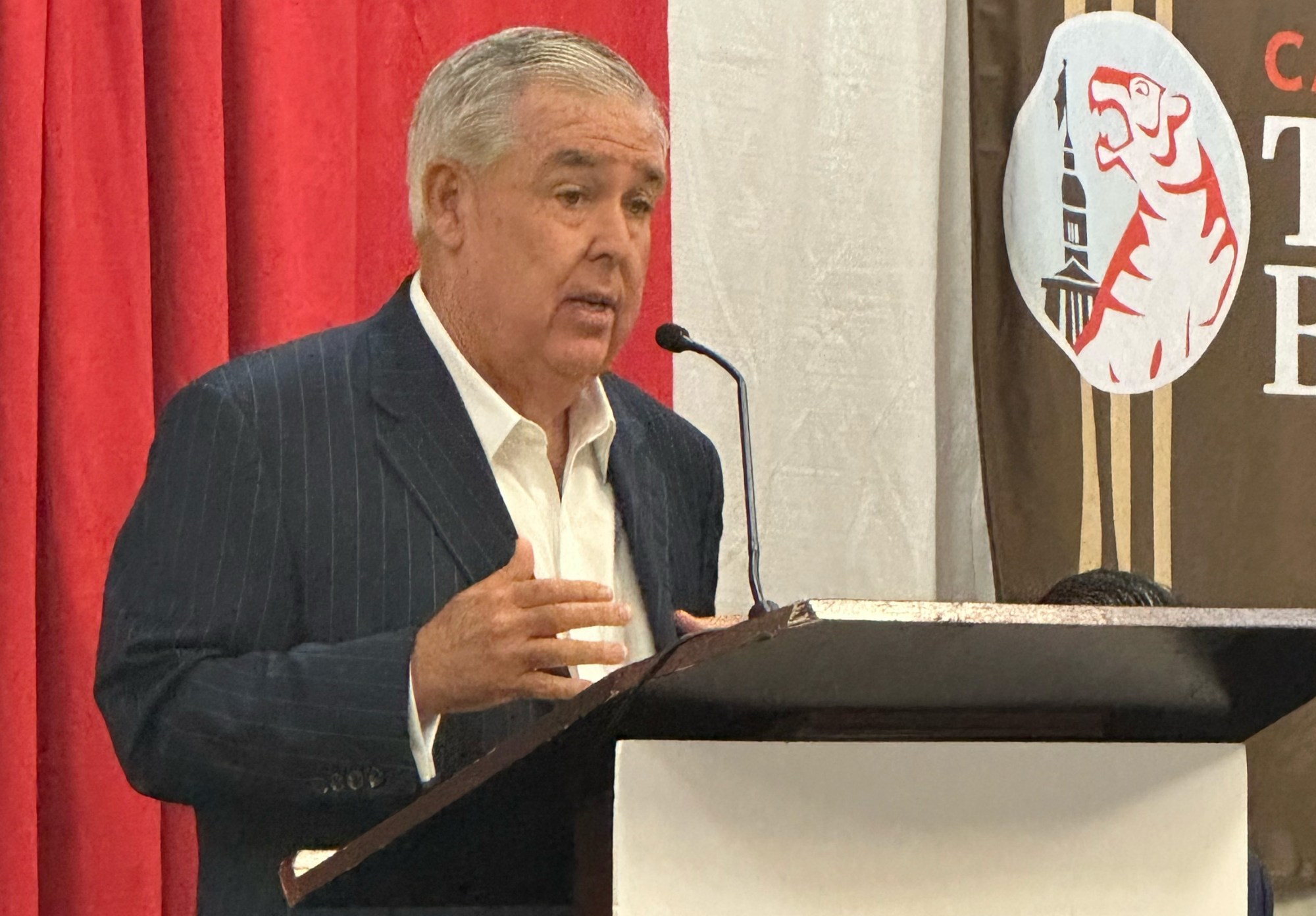 Attorney John Morgan speaks at the Capital Tiger Bay Club in Tallahassee on Wednesday, May 14, 2025. (Jeff Schweers/Orlando Sentinel)
